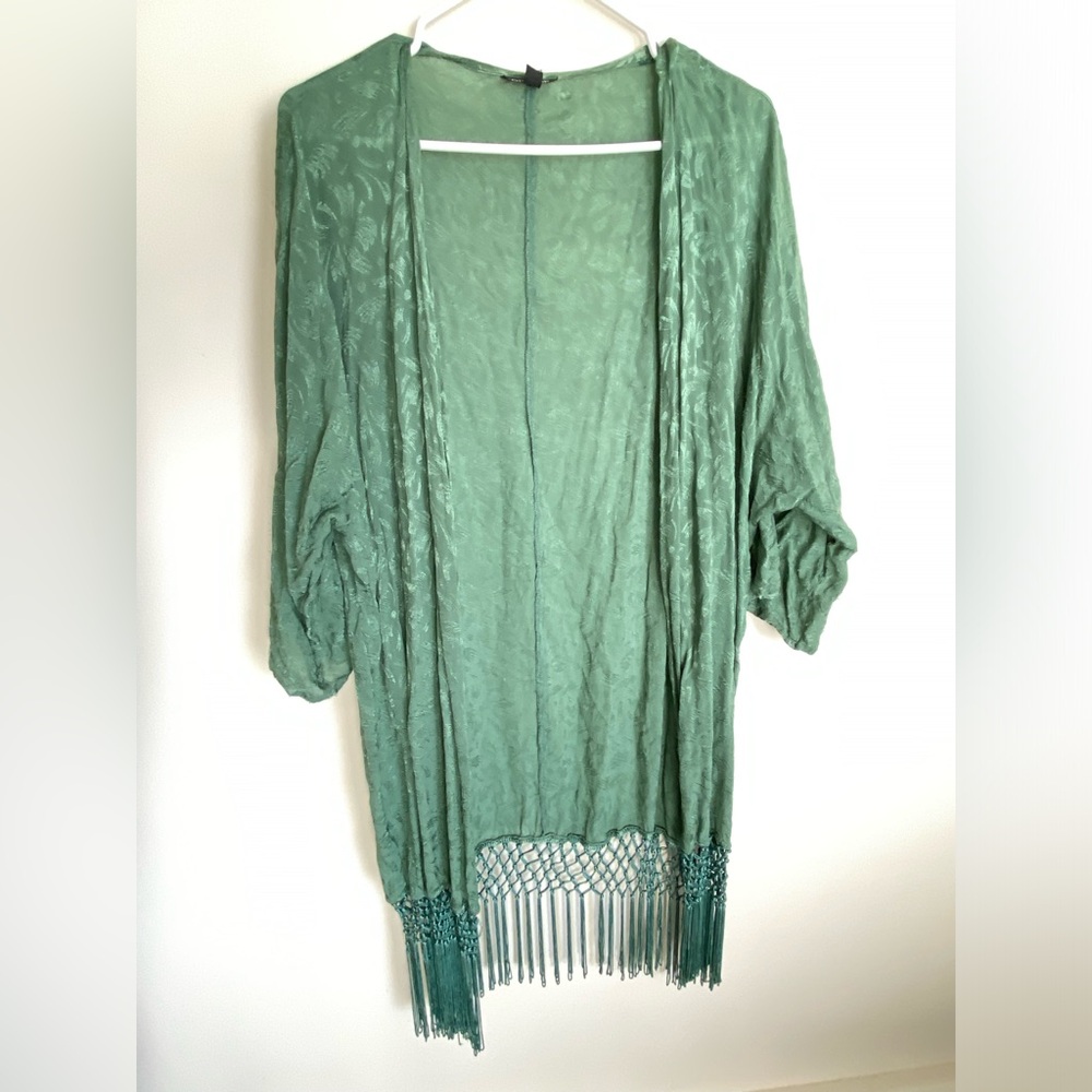 Topshop boho Emerald Green Fringe Kimono Cardigan (M-L)